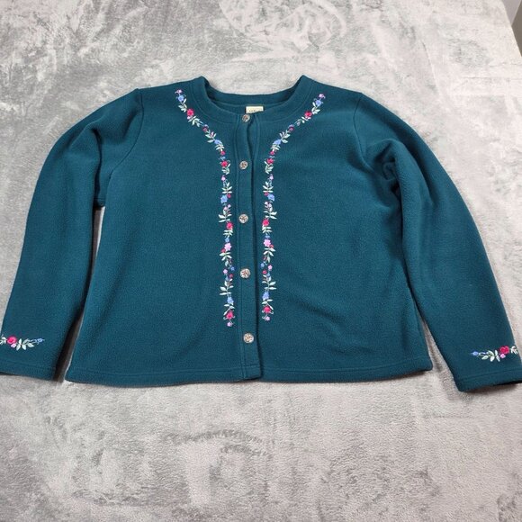 Vintage LL Bean Cardigan Womens XL Green Fleece Embroidered Cottage Prairie - Picture 1 of 7